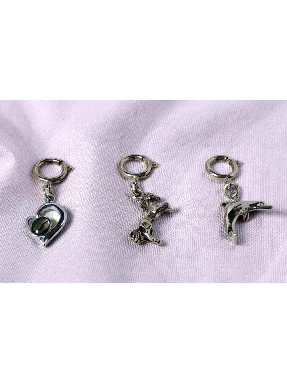 Vintage Set of 3 Spring Ring Clip on Dolphine,Horse,Heart W/Green Glass inset Ch